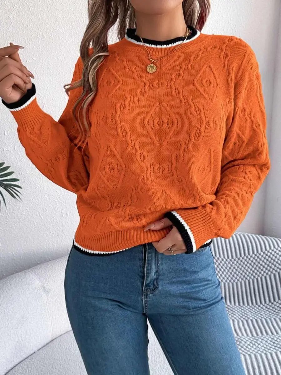 Contrast Trim Round Neck Long Sleeve Sweater - Love Salve